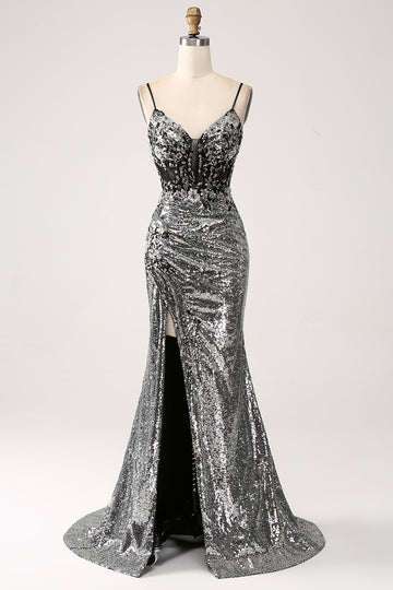 Black Sparkly Mermaid Spaghetti Straps Corset Evening Dress with Slit